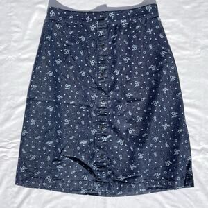 Country Store Denim Cotton Skirt Blue Floral Button Modest CottageCore Small